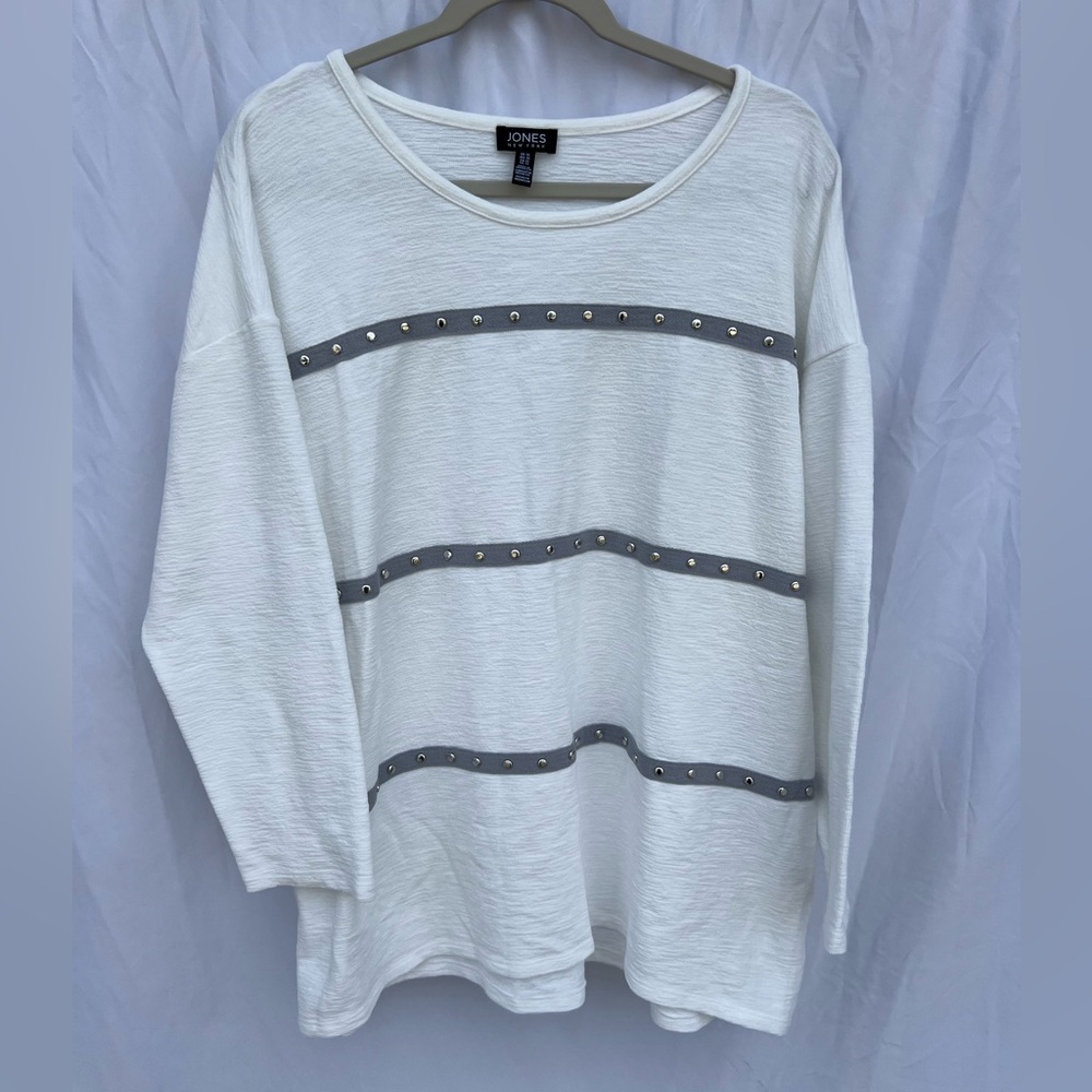 Jones New York 3/4 Sleeve Shirt Blouse Striped Cream White Womens Size 1X NWOT